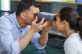 Eye doctor measuring patients visual field Royalty Free Stock Photo