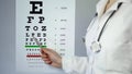 Eye doctor pointing at medical table with letters, examining patients eyesight Royalty Free Stock Photo