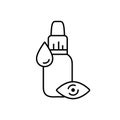 Eye drops. Linear icon of liquid medication to moisturize, treatment. Black simple illustration of bottle, medicine drop, eyeball