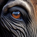 Eye of elephant framed by gray skin with deep folds close-up, eye of a animal macro
