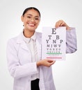 Eye exam, chart and letter, vision and woman in portrait, optometrist and health isolated on white background Royalty Free Stock Photo