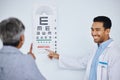 Eye exam, doctor and patient with vision and chart for reading, healthcare and check eyesight with health insurance Royalty Free Stock Photo