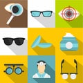 Eye exam icons set, flat style