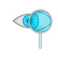 Eye exam and magnifying glass icon, cartoon style