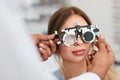 Eye Exam. Woman In Glasses Checking Eyesight At Clinic Royalty Free Stock Photo