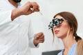 Eye Exam. Woman In Glasses Checking Eyesight At Clinic Royalty Free Stock Photo