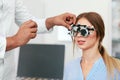 Eye Exam. Woman In Glasses Checking Eyesight At Clinic Royalty Free Stock Photo