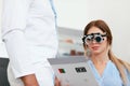 Eye Exam. Woman In Optometry Glasses Reading Eye Test Card Royalty Free Stock Photo