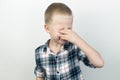 An ophthalmologist examines a boy who complains of burning and pain in his eyes. Eye fatigue from a computer or phone screen