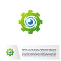 Eye with Gear Logo design vector template. Spiral Vision with Mechanic icon, Vortex, Circle. Colorful Icon