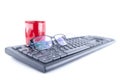 EYE GLASSES WITH COMPUTER KEYBOARD AND COFFEE MUG Royalty Free Stock Photo