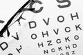 Eye glasses on eyesight test chart ortometric table background. Ophthalmologist medical background Royalty Free Stock Photo