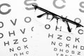 Eye glasses on eyesight test chart ortometric table background. Ophthalmologist medical background Royalty Free Stock Photo