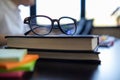 eye glasses placed on the desk are eye glasses that are prepared for people with farsightedness to work and read documents clearly Royalty Free Stock Photo