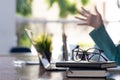 eye glasses placed on the desk are eye glasses that are prepared for people with farsightedness to work and read documents clearly Royalty Free Stock Photo