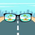 Eye Glasses With Summer Sea Island, Beach Picture Vacation Rest Dream Concept Road Big City Background Royalty Free Stock Photo