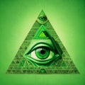 Eye green pyramid. Seeing eye pyramid symbol.