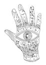 Eye in hand symbol world, universe vector hand drawn illustration