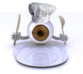 Eye with hands and utensils and chef hat in front of an empty pl Royalty Free Stock Photo