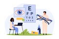 Eye health care, ophthalmology checkup, tiny people check patients eyesight with chart