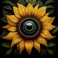 Eye in the heart of a sunflower in yellow and green. Digital created