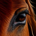 Eye of horse framed by beautiful eyelashes and red brown hair close-up