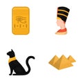 Eye of Horus, black Egyptian cat, pyramids, head of Nefertiti.Ancient Egypt set collection icons in cartoon style vector