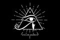 Eye Of Horus Logo design. The ancient Egyptian Moon sign. Mighty Pharaohs amulet, white vector tattoo isolated on black