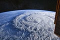 Eye of the hurricane. Typhoon over the planet Earth, view through the porthole of the space station. A category 5 super Typhoon