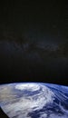 Eye of the hurricane. Typhoon over the planet Earth, view through the porthole of the space station. A category 5 super Typhoon