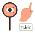 Visual analysis concept with eye magnifier, pointing hand, and bar graph for data interpretation Royalty Free Stock Photo