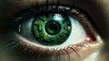 Eye iris and green electronic circuit. Artificial intelligence technology futuristic background