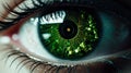 Eye iris and green electronic circuit. Artificial intelligence technology futuristic background