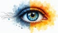 Eye iris scan. Art design illustration. Security tech concept of visual data analyzing. Digital eye is combined with tech scheme. Royalty Free Stock Photo