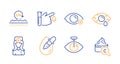 Eye laser, Farsightedness and Eye drops icons set. Blood donation, Oculist doctor and Uv protection signs. Vector