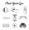 Eye, Lenses, Glasses, Vision Test table. Eye examination. Optics set. ophthalmology icons set. Vector.