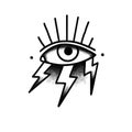 Eye with lightning doodle icon, traditional tattoo illustration