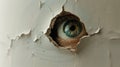 An eye looking through a torn hole in paper or wall. Royalty Free Stock Photo