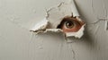 An eye looking through a torn hole in paper or wall. Royalty Free Stock Photo