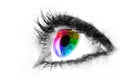 Eye macro in high key black and white with colourful rainbow in Royalty Free Stock Photo