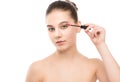 Eye make up apply. Mascara applying closeup, long lashes. makeup brush. Isolated. Royalty Free Stock Photo