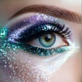 Eye make-up macro, sideways glance, blue glitter, purple eye shadow Royalty Free Stock Photo