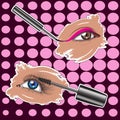 Eye makeup eyeliner, background mugs in pink tone. Vector image