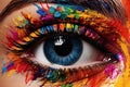 an eye with makeup in the form of multicolored paints, conveying a sense of creativity and visual appeal