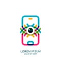 Eye on mobile phone screen. Vector logo, sign, emblem design. Concept for mobile app, retina scan, biometric recognition
