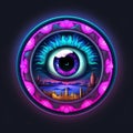 an eye in a neon circle with a city in the background Royalty Free Stock Photo