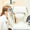 Eye ophthalmologist exam. Eyesight recovery. Astigmatism check concept. Ophthalmology diagmostic device.