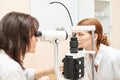 Eye ophthalmologist exam. Eyesight recovery. Astigmatism check concept. Ophthalmology diagmostic device. Beauty girl portrait in