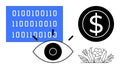 Eye Overseeing Binary Data, Dollar Coin, and Flower for Technology and Financial Growth Concept Royalty Free Stock Photo