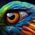 Eye of parrot framed by beautiful multi-colored feathers close-up, Royalty Free Stock Photo